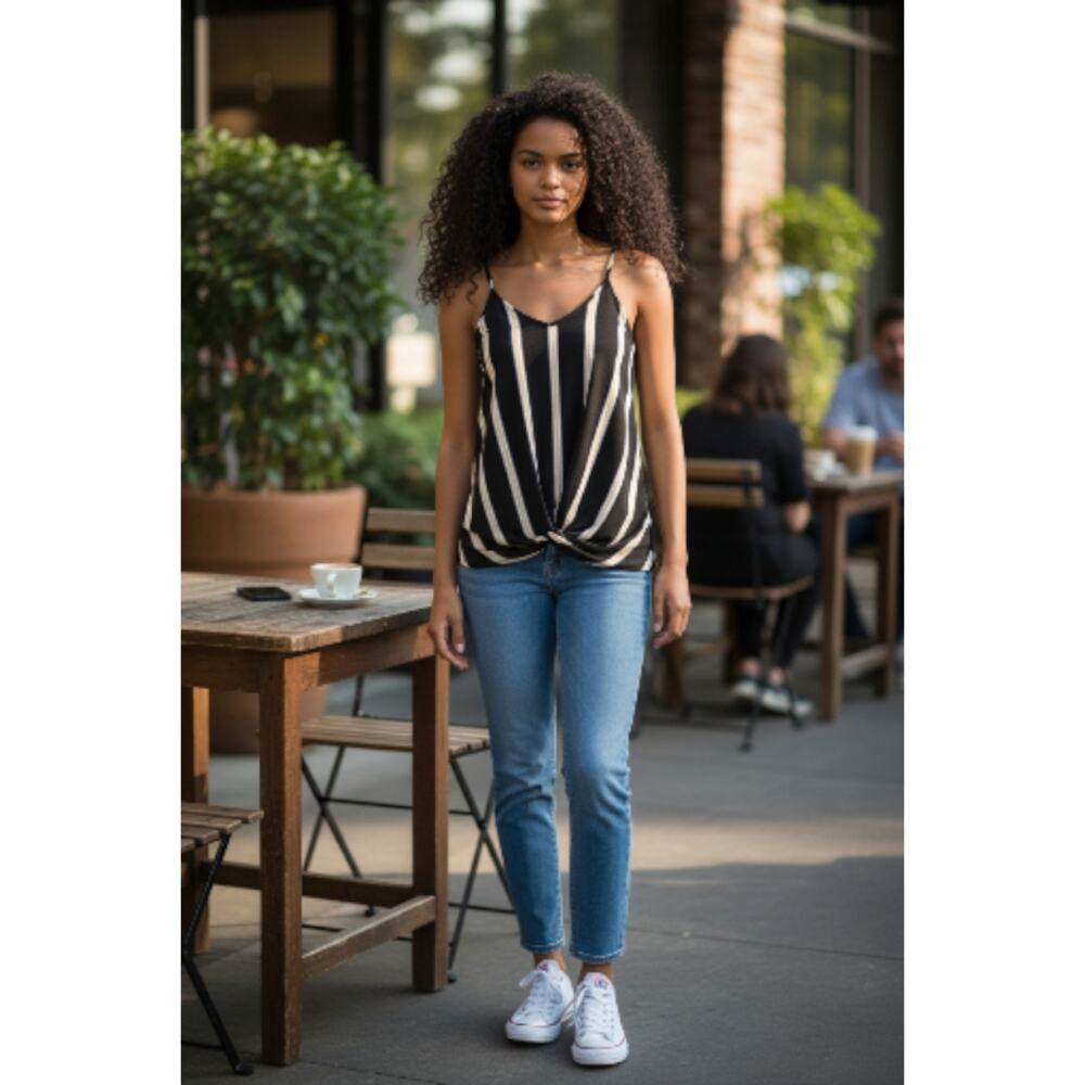 White Birch Womens Pullover Blouse Size S Black Yellow Striped Knotted Tank Top - Picture 14 of 14